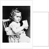 1930s child girl sitting in high chair holding glass of milk serious look bow in hair baloney curls by Anonymous