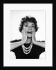 1950s 1960s woman 3 strand necklace hand up to cheeks happy smiling by Anonymous
