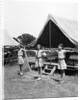 1930s three teen girls doing exercise in a row with arms extended by tent summer camp by Anonymous