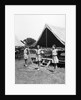 1930s three teen girls doing exercise in a row with arms extended by tent summer camp by Anonymous