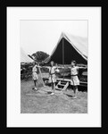 1930s three teen girls doing exercise in a row with arms extended by tent summer camp by Anonymous