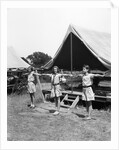 1930s three teen girls doing exercise in a row with arms extended by tent summer camp by Anonymous