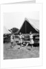 1930s three teen girls doing exercise in a row with arms extended by tent summer camp by Anonymous
