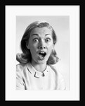 1960s head shot woman eyes and mouth wide open terrified expression looking at camera by Anonymous