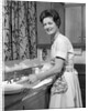 1960s woman housewife washing dishes in kitchen sink looking at camera by Anonymous