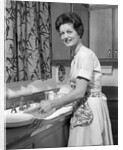 1960s woman housewife washing dishes in kitchen sink looking at camera by Anonymous