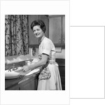 1960s woman housewife washing dishes in kitchen sink looking at camera by Anonymous