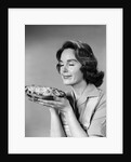 1950s 1960s woman smelling aroma of freshly baked pie by Anonymous