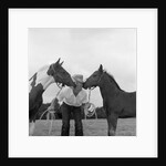 1960s boy wearing cowboy hat holding ropes reins harness halter of 2 horses one on either side of his face kissing him funny by Anonymous