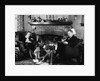 1930s family of four sitting in front fireplace mother knitting father reading smoking pipe kids doing homework by Anonymous