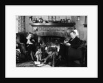 1930s family of four sitting in front fireplace mother knitting father reading smoking pipe kids doing homework by Anonymous