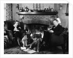 1930s family of four sitting in front fireplace mother knitting father reading smoking pipe kids doing homework by Anonymous