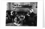 1930s family of four sitting in front fireplace mother knitting father reading smoking pipe kids doing homework by Anonymous