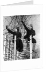 1930s two children waving while sitting on playground equipment by Anonymous