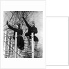 1930s two children waving while sitting on playground equipment by Anonymous