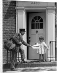 1920s smiling little girl receiving mail from postman by Anonymous