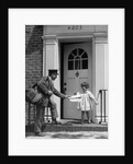 1920s smiling little girl receiving mail from postman by Anonymous