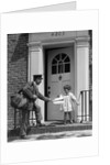 1920s smiling little girl receiving mail from postman by Anonymous