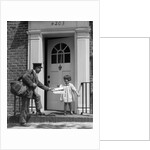 1920s smiling little girl receiving mail from postman by Anonymous