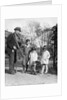 1920s group of three children watching organ grinder's monkey in costume standing on hind legs by Anonymous