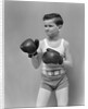 1940s boy child wearing boxing gloves standing ready to fight by Anonymous
