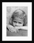 1930s portrait sad little blond girl peeking over her hands looking at camera by Anonymous