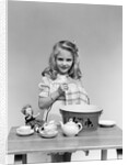 1940s child little girl and doll drying washing toy dishes by Anonymous