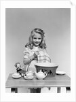 1940s child little girl and doll drying washing toy dishes by Anonymous
