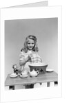 1940s child little girl and doll drying washing toy dishes by Anonymous