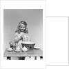 1940s child little girl and doll drying washing toy dishes by Anonymous