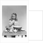1940s child little girl and doll drying washing toy dishes by Anonymous