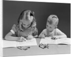 1940s two children coloring drawing in book by Anonymous
