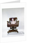 1960s chubby baby in diaper sitting in office executive chair by Anonymous