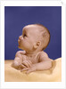 1960s portrait of baby on yellow blanket resting on folded arms head turned to right looking up by Anonymous