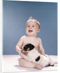 1960s smiling baby girl sitting in diapers playing with young black and white puppy dog by Anonymous