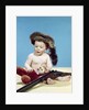 1960s baby boy wearing coonskin cap with stuffed animal and shotgun by Anonymous