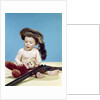 1960s baby boy wearing coonskin cap with stuffed animal and shotgun by Anonymous
