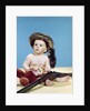 1960s baby boy wearing coonskin cap with stuffed animal and shotgun gun by Anonymous