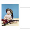1960s baby boy wearing coonskin cap with stuffed animal and shotgun gun by Anonymous
