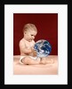 1960s symbolic ecology serious baby wearing cloth diapers sitting holding looking at the earth by Anonymous