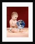 1960s symbolic ecology serious baby wearing cloth diapers sitting holding looking at the earth by Anonymous