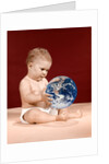 1960s symbolic ecology serious baby wearing cloth diapers sitting holding looking at the earth by Anonymous