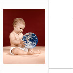 1960s symbolic ecology serious baby wearing cloth diapers sitting holding looking at the earth by Anonymous