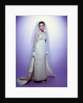 1960s young woman bride portrait bridal veil empire waist gown lace bodice hem full length by Anonymous
