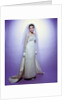 1960s young woman bride portrait bridal veil empire waist gown lace bodice hem full length by Anonymous