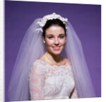 1960s young woman bride portrait bridal veil head shoulders smiling pearls by Anonymous