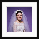1960s young woman bride portrait bridal veil head shoulders smiling pearls by Anonymous