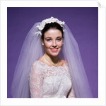 1960s young woman bride portrait bridal veil head shoulders smiling pearls by Anonymous