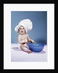 1950s 1960s baby wearing chef hat toque holding spatula blue mixing bowl by Anonymous