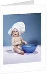 1950s 1960s baby wearing chef hat toque holding spatula blue mixing bowl by Anonymous